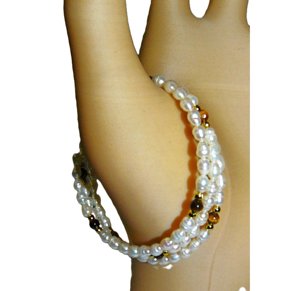 2 Freshwater Pearl Coil Wrap Bracelets Gold-Tone Red & Tiger Eye Beads - Picture 11 of 11
